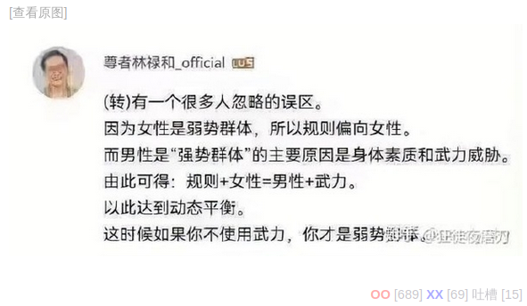 截图：一个极端性别主义的诡辩：称男性如果不使用武力就会成为弱势（性别）群体